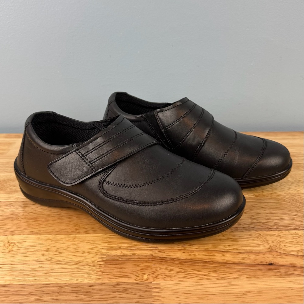 Orthofeet Emily Orthopedic Shoes Women 7.5 D Wide Black Leather Hook Loop Loafer